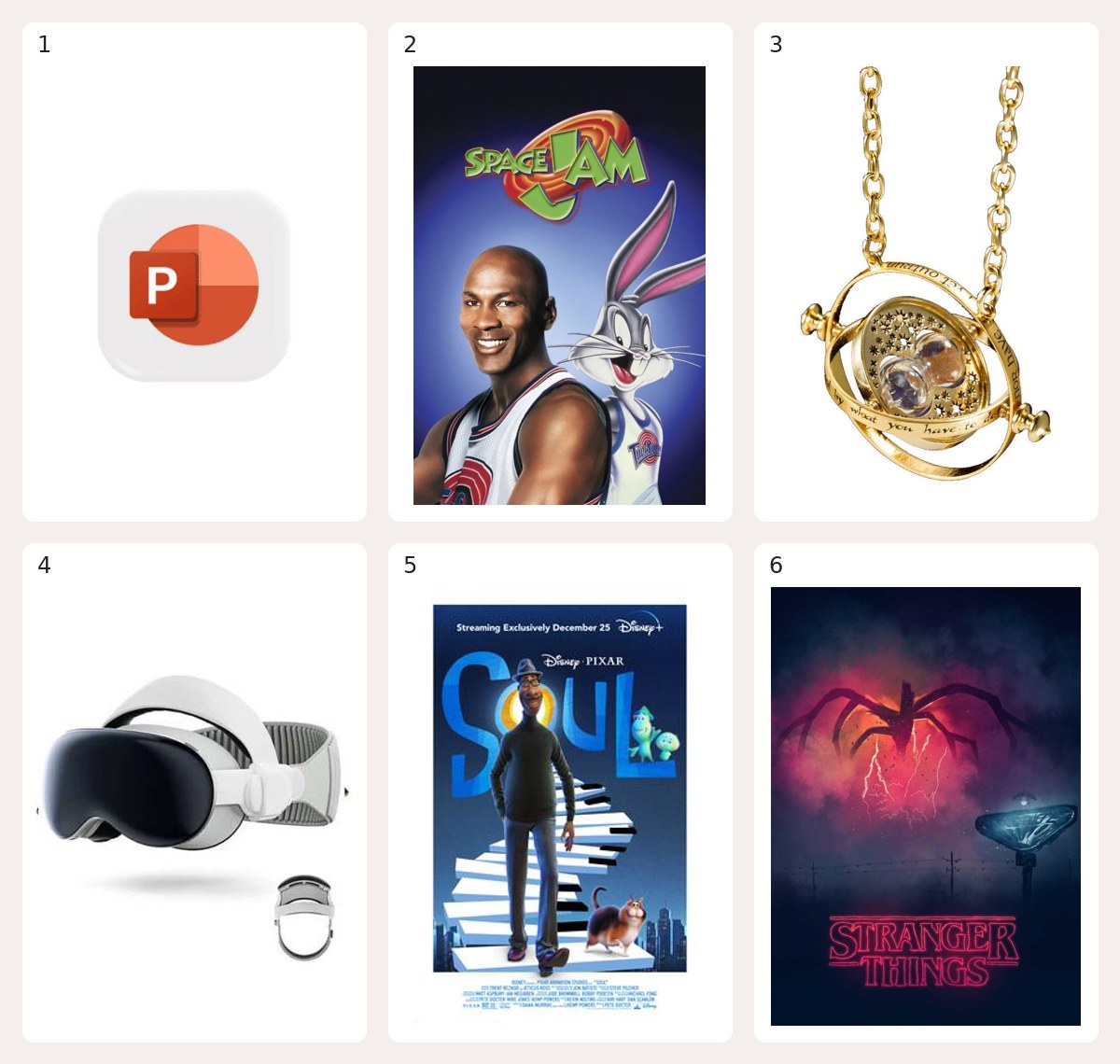 Six numbered visual clues: a PowerPoint slide, Space Jam, a Time-Turner, a VR headset, the film Soul, and the Mind Flayer from Stranger Things
